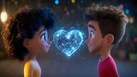 Young couple sharing magical glowing heart moment, animated characters with curly and short hair facing each other against blurred bokeh lights background.