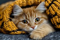 Adorable orange tabby kitten wrapped in cozy yellow knitted blanket with bright amber eyes looking at camera for pet care and comfort concepts.