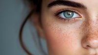 Close up macro shot of eye with natural freckles on fair skin against blue background. Artistic beauty portrait showing green iris detail and long eyelashes.