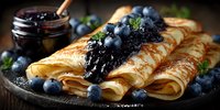 Golden thin pancakes topped with fresh blueberries and blackberry jam on rustic wooden board. Homemade breakfast crepes with berry compote and mint garnish.
