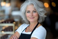 Confident mature Caucasian businesswoman with silver hair smiling in modern office environment, professional portrait for corporate marketing materials.