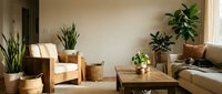 Modern minimalist living room interior with natural wood furniture, green houseplants, neutral beige tones and warm sunlight for home decor inspiration.