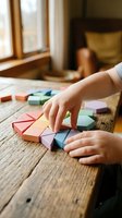 Child hands playing with colorful wooden blocks on rustic table in warm home interior for educational development and creative learning activities.