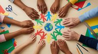 Diverse group of children and adults with different skin tones joining hands around colorful paper cutout figures and globe, symbolizing unity, teamwork, and global community cooperation for educational or nonprofit campaigns.