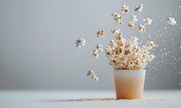 Fresh popcorn kernels exploding from paper cup with flying salt particles against light gray background, dynamic food photography for snack advertising.