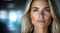 Professional blonde businesswoman with blue eyes in modern office environment. Corporate headshot portrait for business and career concepts.