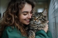 Young woman with curly brown hair smiling while cuddling adorable tabby kitten in cozy indoor setting. Pet adoption and animal care concept.