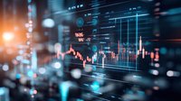Financial market data visualization with glowing blue and orange candlestick charts and stock analysis graphs on digital display showing trading statistics.