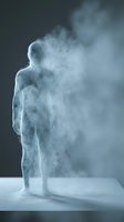 Male figure dissolving into powder or dust particles against dark background, representing transformation, disintegration, or digital decay for conceptual design projects.