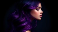 Young Asian woman with vibrant purple hair and dramatic makeup in profile view against dark background, eyes closed, showing professional hair coloring and styling.