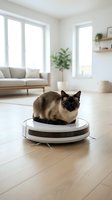 Siamese cat wearing sunglasses sitting on robotic vacuum cleaner in modern bright living room with wooden floors and minimalist furniture.