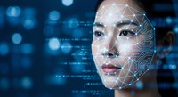 Asian woman with facial recognition technology overlay and digital network connections on blue tech background for AI security applications.