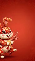 Adorable cartoon rabbit with traditional golden patterns on red background with ornate swirls for Chinese New Year celebrations and festive designs.