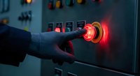 Hand pressing illuminated red emergency stop button on industrial control panel with warning lights and safety equipment in manufacturing facility.