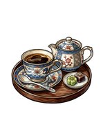Porcelain teacup with saucer and spoon, matching teapot with decorative Asian-inspired patterns, served on wooden tray with small plate of pastries and cucumber slices.