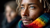Young African American man with dreadlocks and blue eyes wearing colorful rainbow knitted scarf looking thoughtfully to side, close up portrait against dark background.