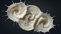 Creamy white liquid splash with swirling spiral patterns and droplets frozen in motion against dark background, suitable for cosmetics and beverage advertising.
