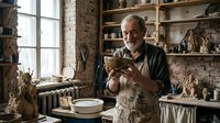 Mature male artist with gray hair and beard, wearing dark apron, examining wooden sculpture in rustic studio workshop with exposed brick walls, shelving displaying clay pieces, natural window light, creative workspace environment.
