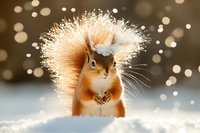 Red squirrel sitting in snow with fluffy winter tail and bokeh light effects in background, magical winter forest scene during golden hour sunlight.