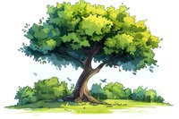 Watercolor illustration of lush green tree with twisted trunk standing alone on grassy meadow, surrounded by small bushes and flying birds.