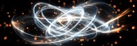 Glowing light trails and energy streams with orange particles on black background create dynamic motion effect for technology and science designs.