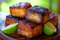 Caramelized pork belly chunks glazed with sweet and savory Asian sauce, served with fresh lime wedges on dark plate against blurred green background.