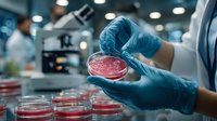 Laboratory scientist in protective gloves examining red bacterial culture in petri dish during microbiology research, with multiple samples in background.