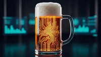 Beer mug with glowing circuit board pattern on dark technology background. Digital brewing concept for tech industry marketing and futuristic beverage designs.