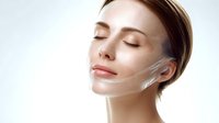 Young caucasian woman with closed eyes and clean skin wearing transparent facial mask treatment for skincare and beauty spa procedures on light background.