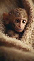 Baby macaque monkey with wide curious eyes nestled against mother's fur, showcasing vulnerable wildlife in natural habitat.