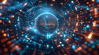 Futuristic digital sphere with glowing blue technology grid and orange light particles, perfect for cybersecurity, artificial intelligence, and digital transformation concepts.