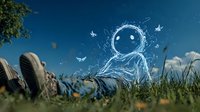 Magical glowing figure relaxing in green grass under blue sky with ethereal butterflies, creating dreamy summer atmosphere. Digital art combines nature and fantasy elements.