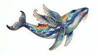Ornate whale with decorative patterns, isolated on white background. Stylized marine mammal featuring intricate designs, waves, and vibrant colors. Suitable for clipart, t-shirt design, and creative projects.