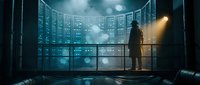 Professional male technician silhouette monitoring server room with glowing blue data center infrastructure and digital network connections for IT operations.
