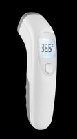 Digital infrared forehead thermometer showing 36.6°C, isolated on transparent background, ready for medical clipart, health posters, print on demand, and t-shirt design use.