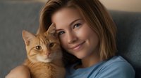 Young Caucasian woman with brown hair wearing blue top smiling while cuddling with ginger cat on grey couch, expressing joy and companionship in cozy home setting.