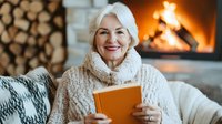 Happy senior Caucasian woman in cozy knit sweater reading book by fireplace at home. Warm winter indoor lifestyle with wood logs and comfortable living room.
