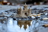 Detailed sandcastle with towers and gates on beach reflected in water puddle, surrounded by pebbles and stones, creating mirror effect in natural lighting.
