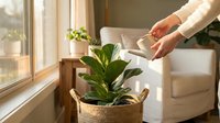 Woman watering rubber plant in wicker basket by sunny window in modern living room interior with natural light and houseplants for home gardening care.