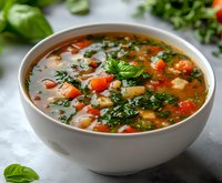 Fresh homemade vegetable soup with tomatoes, herbs and beans in white ceramic bowl on light background, close up view of healthy comfort food.