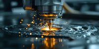CNC machine drilling metal with cooling liquid and flying sparks in industrial manufacturing process.