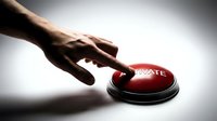 Male hand with medium-dark skin tone reaching toward red button labeled "VOTE" against white background. Suitable for election campaigns, civic engagement, voting rights, and political messaging materials.