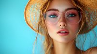 Young woman with straw hat and glasses against turquoise background, wearing pink lipstick and blue eyeshadow, displaying summer fashion and beauty style.