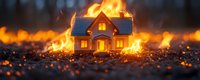 Miniature house model engulfed in flames against dark background with glowing embers scattered around, creating dramatic scene of residential fire emergency.