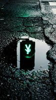 Traffic light with glowing green pedestrian signal reflected in wet pavement puddle, urban street scene for transportation and city concepts.