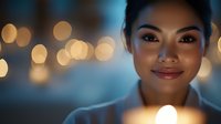 Young Asian woman smiling with warm candlelight illuminating her face against blurred bokeh background, creating intimate atmospheric portrait with soft evening glow.