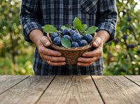 Farmer holding wicker basket filled with fresh blueberries and green leaves, displaying harvest on wooden table with blurred garden background.
