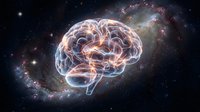 Glowing human brain with neural pathways floating in cosmic space with stars and nebula background for neuroscience and consciousness concepts.