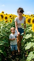 Woman with dark hair and young Caucasian boy walking through sunflower field on sunny day, holding hands, smiling at camera with blue sky background.