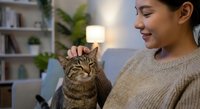 Young Asian woman smiling while gently petting a tabby cat at home in cozy evening living room setting, warm bonding moment.